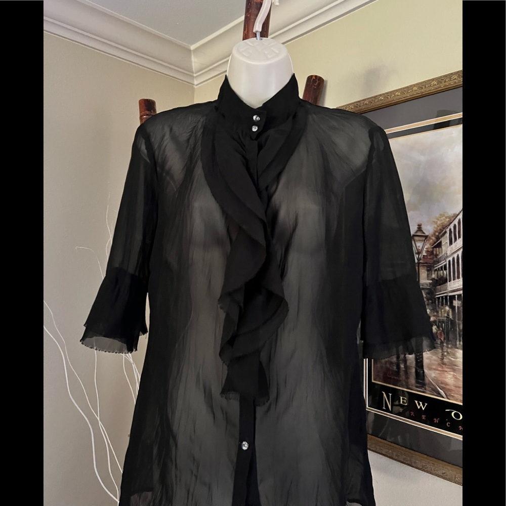 Charlotte Russe sheer 3/4 length ruffle black button down top size small